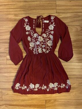 Abercrombie & Fitch Burgundy Mini Dress with Cream Floral Embroidery